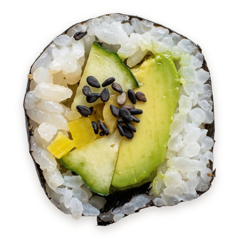 Vegge roll: cucumber, avocado, takuan and sesame